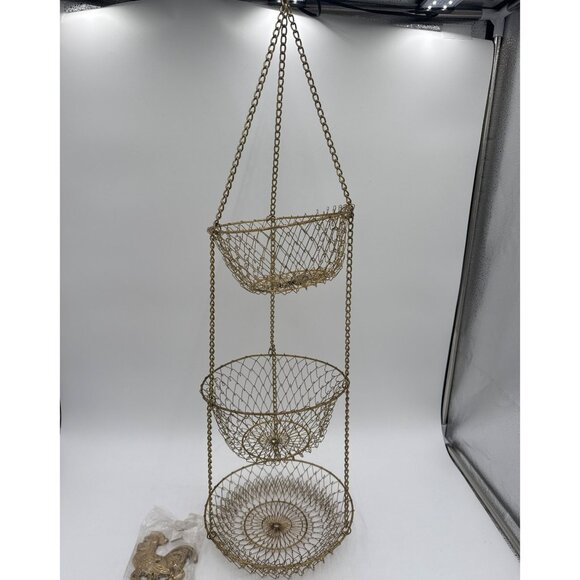 Vtg Gold-Tone Wire 3-Tier Hanging Fruit Basket Organizer With Rooster Wall Hook - Picture 3 of 6
